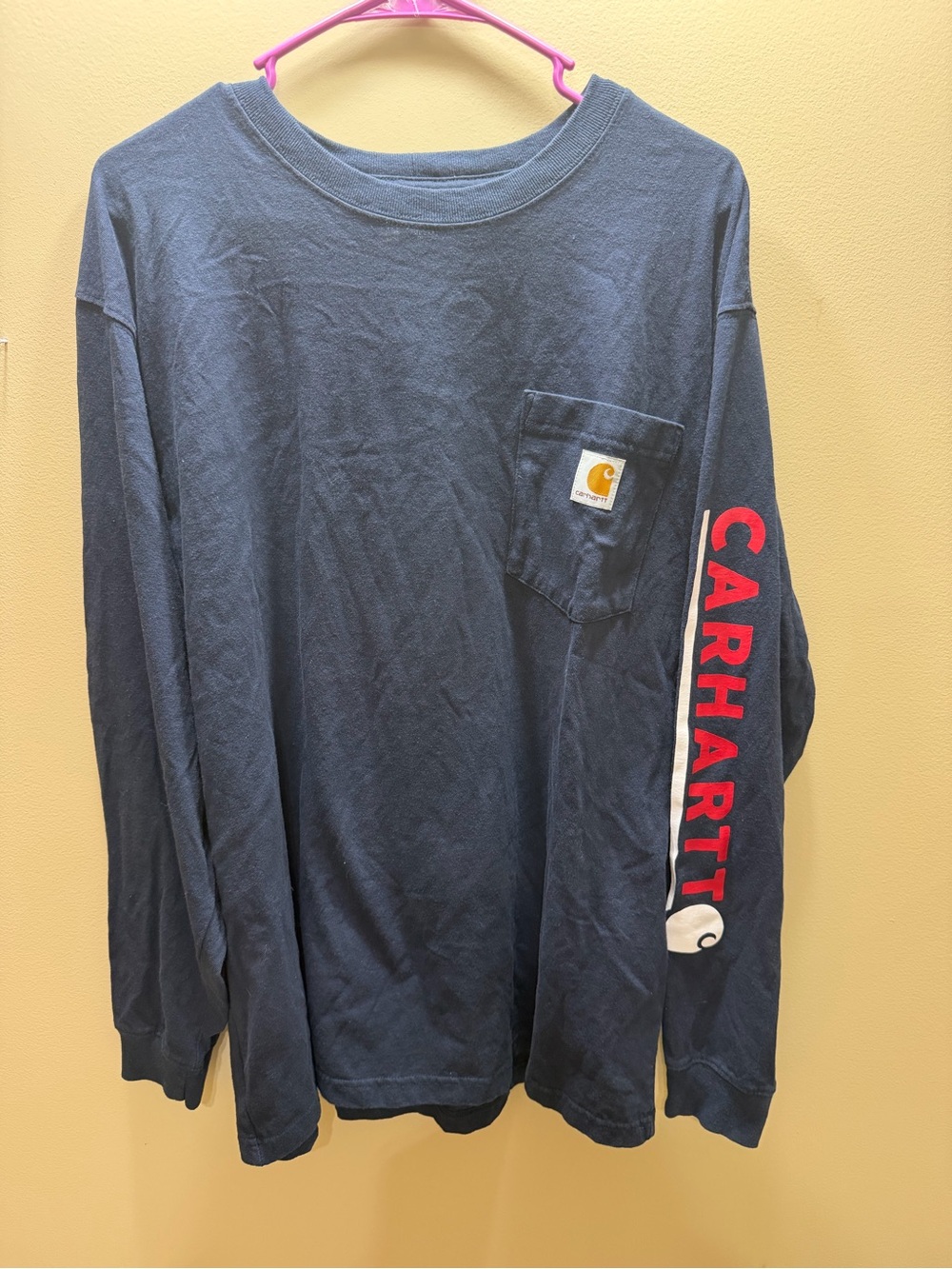 Carhartt Navy Long-Sleeve Pocket Tee with Red Sleeve Logo